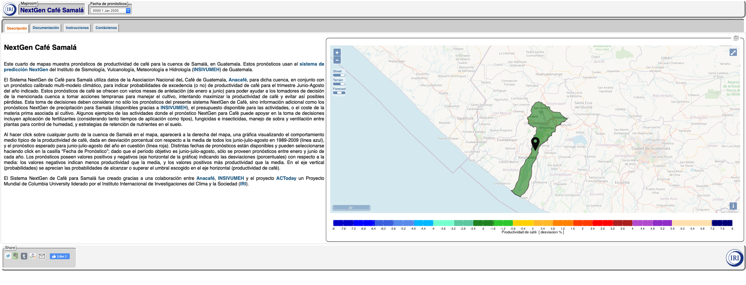 A screenshot of Anacafé’s NextGen decision-support platform co-developed with ACToday and INSIVUMEH. The map shows a green-highlighted section of map.