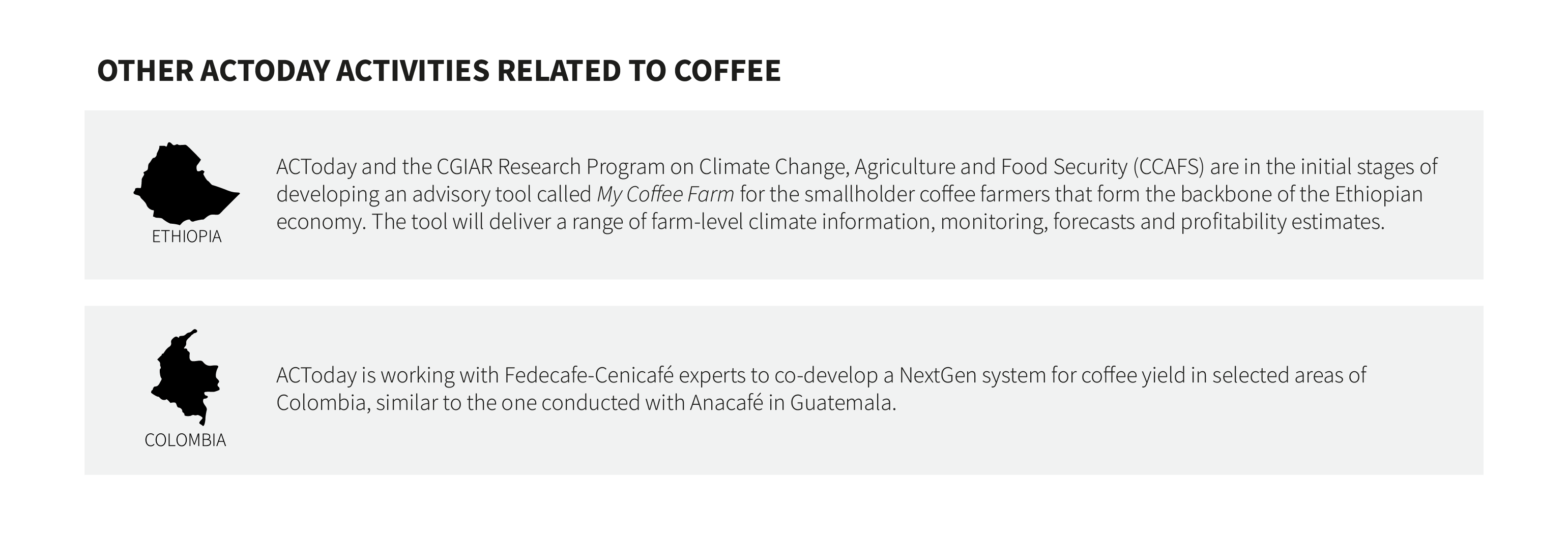 The headline of the graphic reads "Other ACToday activities related to coffee." Two long grey text boxes are stacked below the headline. In the top box is the black silhouette of the country of Ethiopia and the text "ACToday and the CGIAR Research Program on Climate Change, Agriculture and Food Security (CCAFS) are in the initial stages of developing an advisory tool called My Coffee Farm for the smallholder coffee farmers that form the backbone of the Ethiopian economy. The tool will deliver a range of farm-level climate information, monitoring, forecasts and profitability estimates." In the bottom box is the black silhouette of the country of Colombia and the text "ACToday is working with Fedecafe-Centicafé to co-develop a NextGen system for coffee yield in selected areas of Colombia, similar to the one conducted with Anacafé in Guatemala.