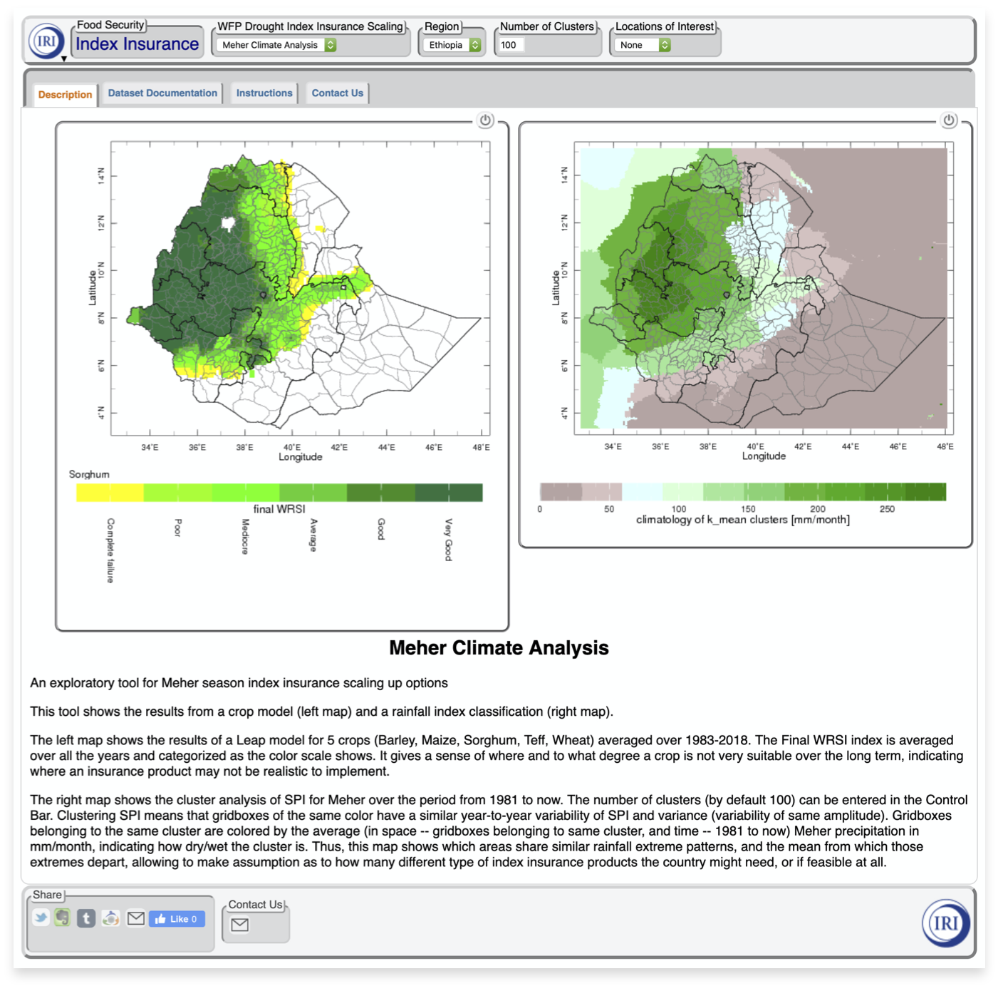 A screenshot of a new maproom developed by ACToday to help the World Food Programme scale its index insurance program to reach more farmers in Ethiopia. The screenshot contains two maps of Ethiopia in the maproom interface. Both maps have gradients of green with a darker concentration of color in the western edge of the country. Below both maps is the title "Meher Climate Analysis" and the description: "An explanatory tool for Meher season index insurance scaling up options. This tool shows the results from a crop model (left) and a rainfall index classification (right map). The left map shows the results of a Leap model for 5 crops (barley, maize, sorghum, teff, wheat) averaged over 1983-2018. The Final WRSI index is averaged over all the years and categorized as the color scale shows. It gives a sense of where and to what degree a crop is not very suitable over the long term, indicating where an insurance product may not be realistic to implement. The right map shows the cluster analysis of SPI for Meher over the period from 1981 to now. The number of clusters (by default 100) can be entered in the Control Bar. Clustering SPI means that gridboxes of the same color have a similar year-to-year variability of SPI and variance (variability of same amplitude). Gridboxes belonging to the same cluster are colored by the average (in space—gridboxes belonging to same cluster, and time—1981 to now) Meher precipitation in mm/month, indicating how dry/wet the cluster is. Thus, this map shows which areas share similar rainfall extreme patterns, and the mean from which those extremes depart, allowing to make assumption as to how many different type of index insurance products the country might need, or if feasible at all.