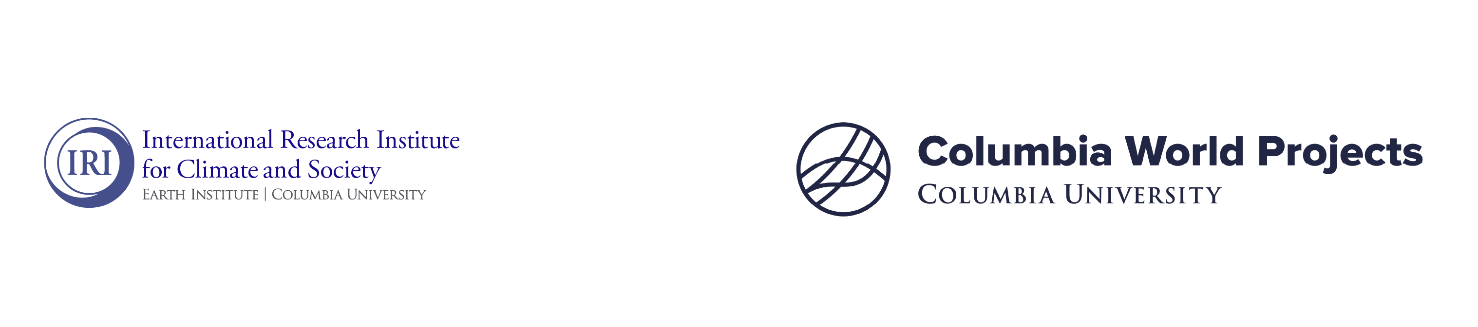 The logo for the International Research Institute for Climate and Society, Earth Institute, Columbia Univeristy is on the left. The logo has "IRI" inside blue and white intersecting circles with the name of the institution in blue text to the right of the circles. The logo on the right is the logo for Columbia World Projects. It is in black and has a circle on the left side with a circle with wavy lines crossing it. The text to the right of the circle reads "Columbia World Projects, Columbia University."