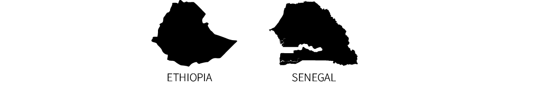 This image contains the two black map silhouettes of the countries of Ethiopia (left) and Senegal (right), with identifying all-caps text below each country.
